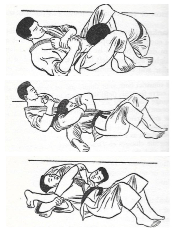  Three versions of the triangle choke. The figures are from the book “Judo on the Ground – The Oda Method”; by E.J. Harrison, published in 1959. 